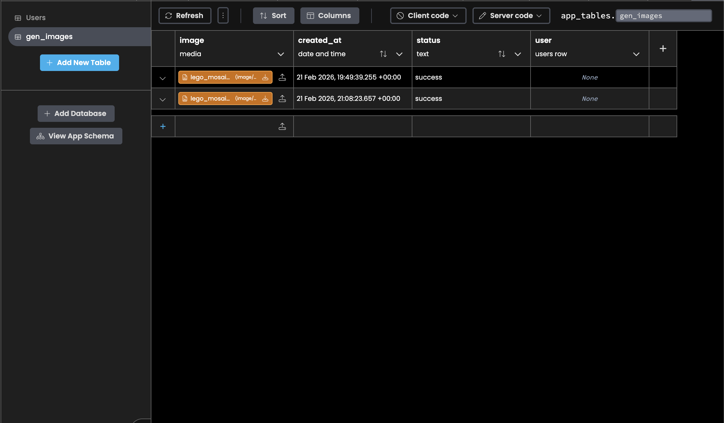 Updated data table showing new user column that links each generated image to the user who created it