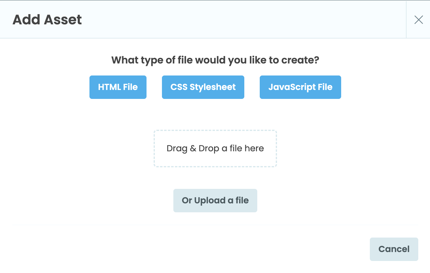 The menu to create or upload a new Asset