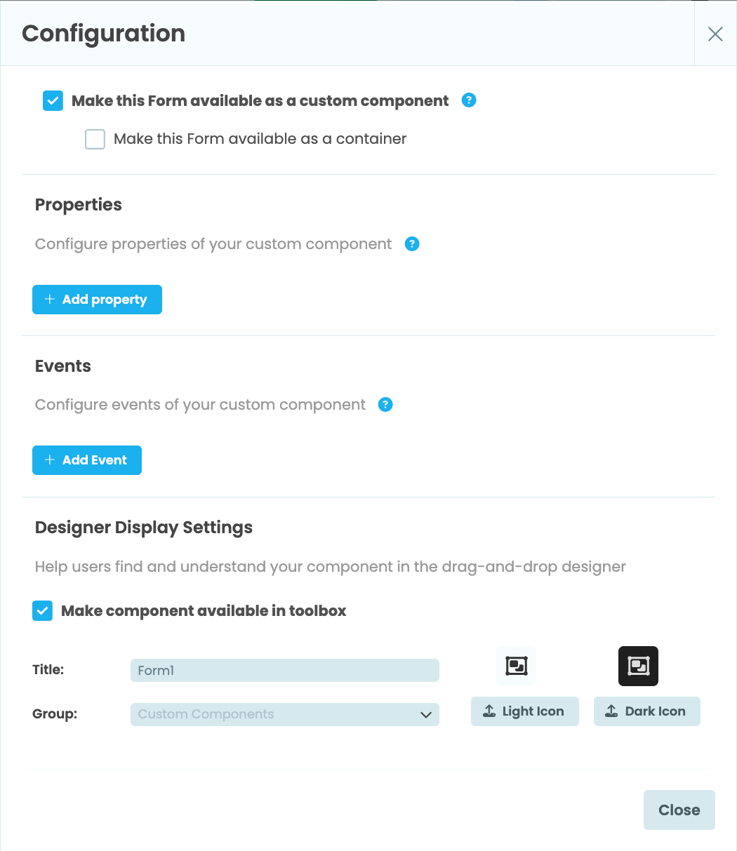 The Custom Component Configuration dialog