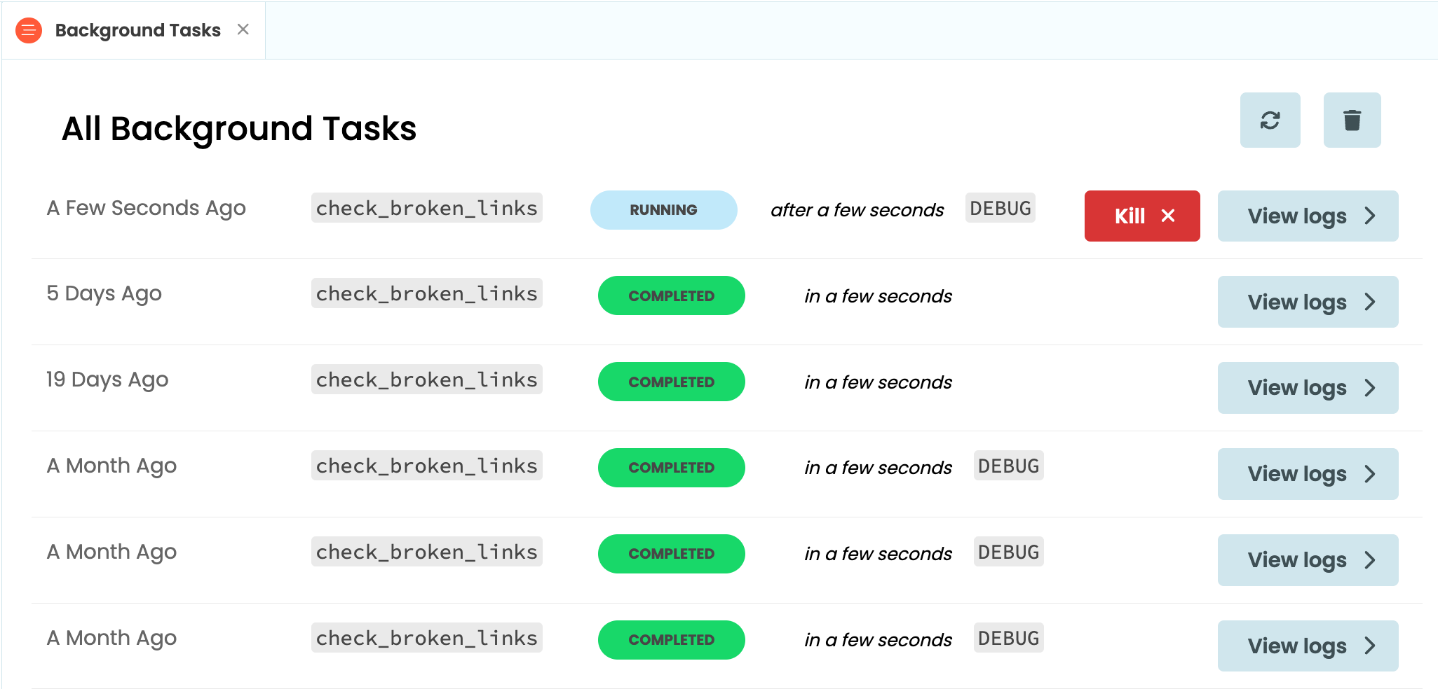 The Background Tasks tab