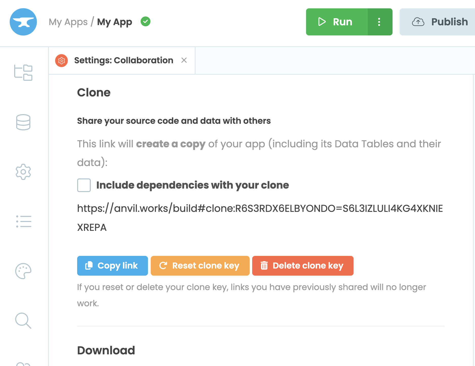 The clone section of the `Settings:Collaboration tab`
