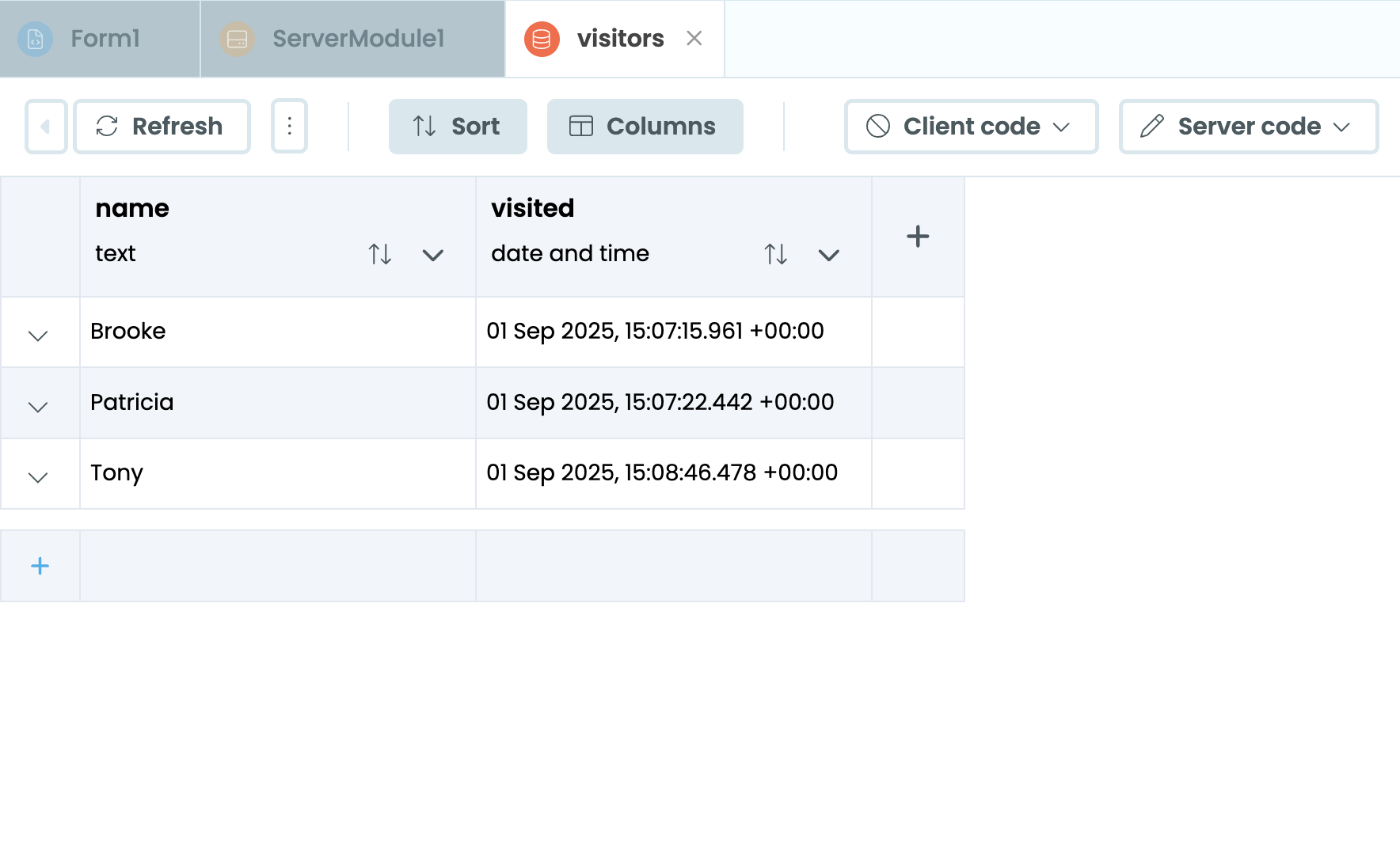 The Data Table with entries added