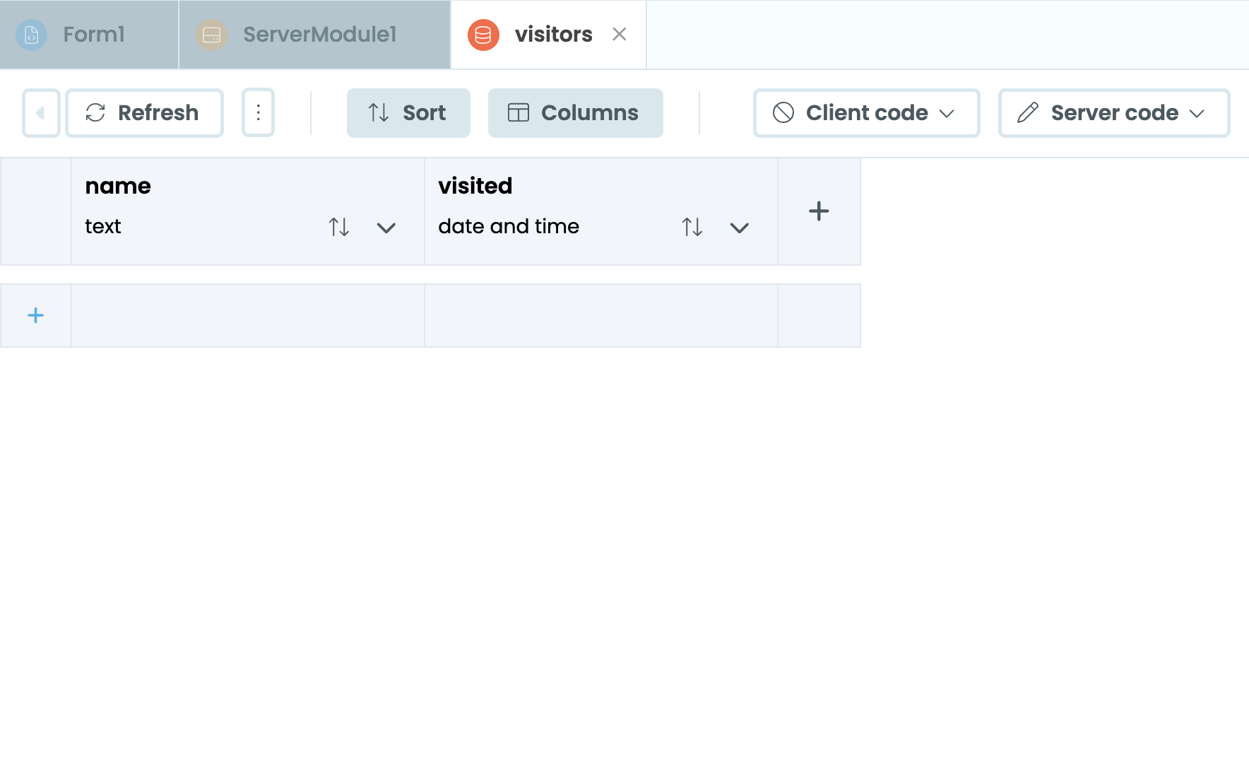 The visitors Data Table set up with two columns