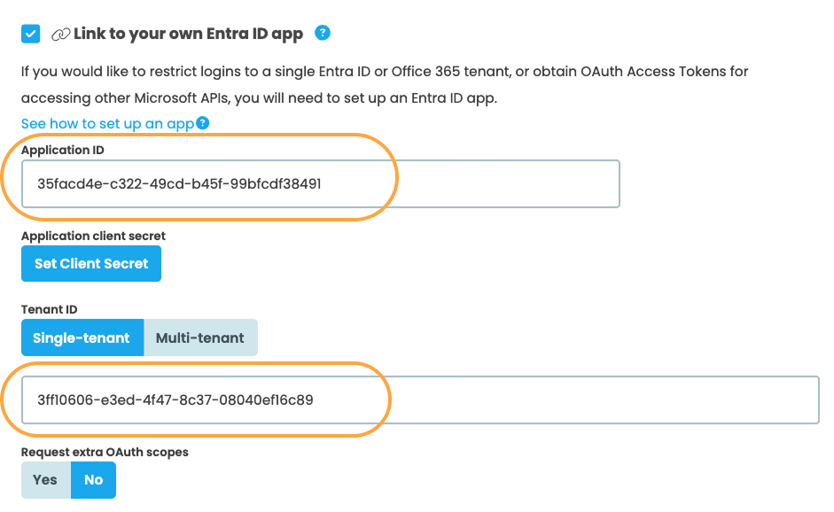 Screenshot of part of the Microsoft API tab underneath 'Link to your own Entra ID app'. The Application ID and Tenant IDs have been added