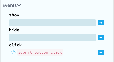 The bottom of the Properties Panel, where you can see the events available for this component. There's an input box for each event, where you can enter the name of a method to bind to. The `click` event has `submit_button_click` written in its input box.