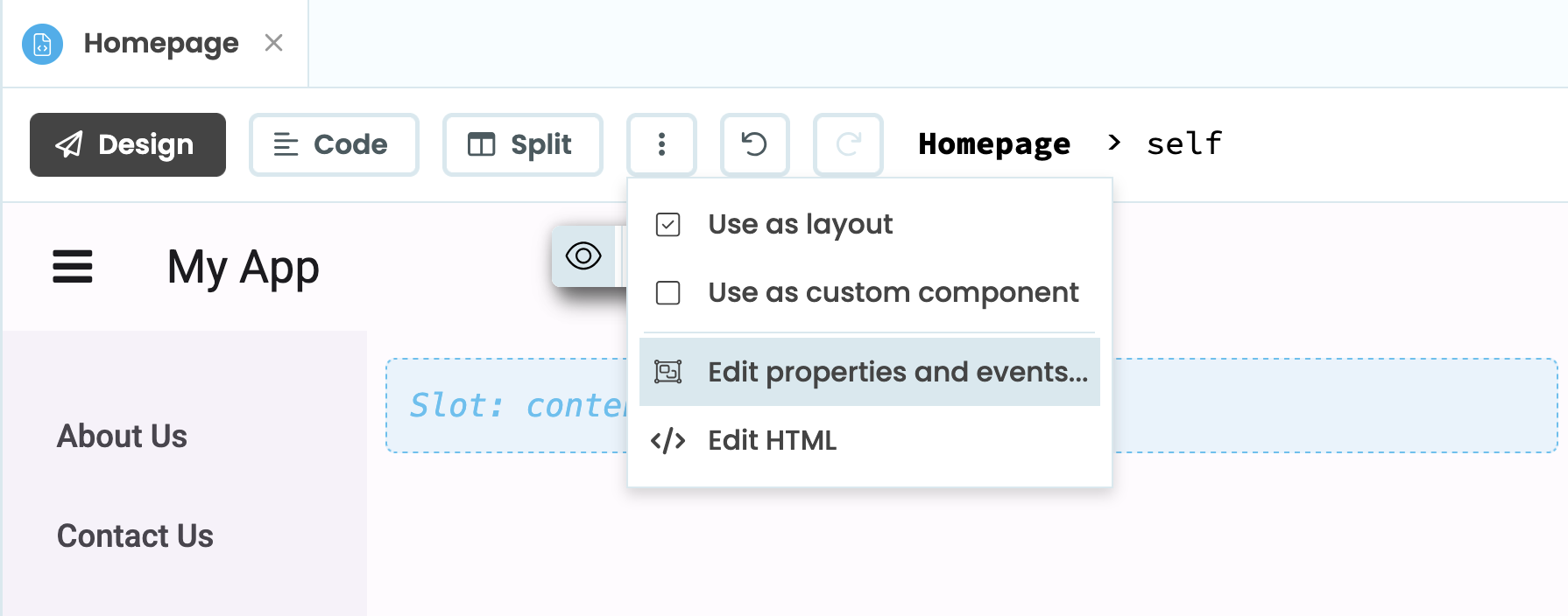 Location of the &lsquo;Edit Properties and Events&rsquo; button in the Form Editor