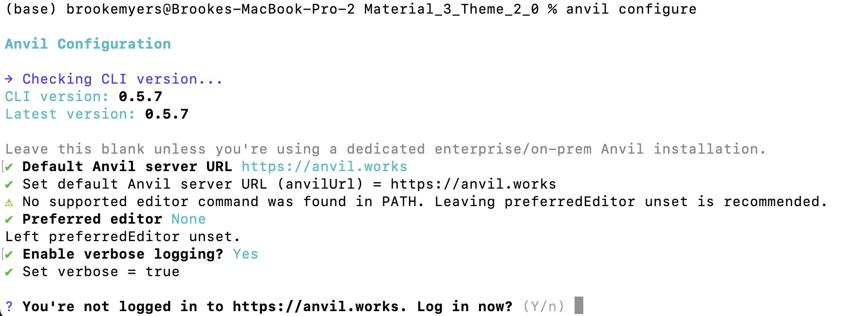 Screenshot of the terminal prompting the user to log into Anvil