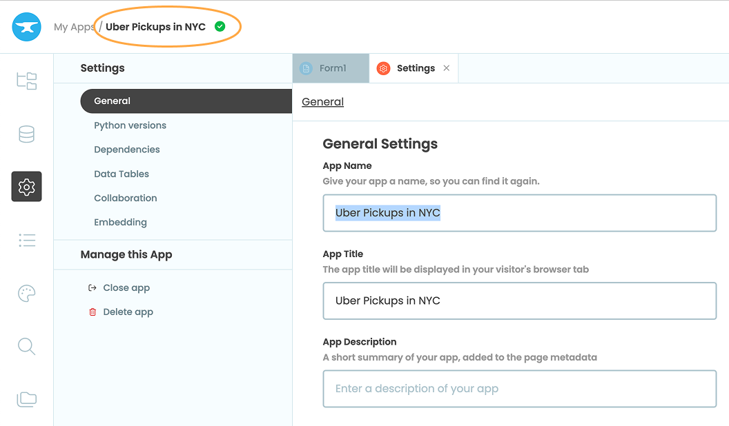 Click on the name of your app in the top left to change it.